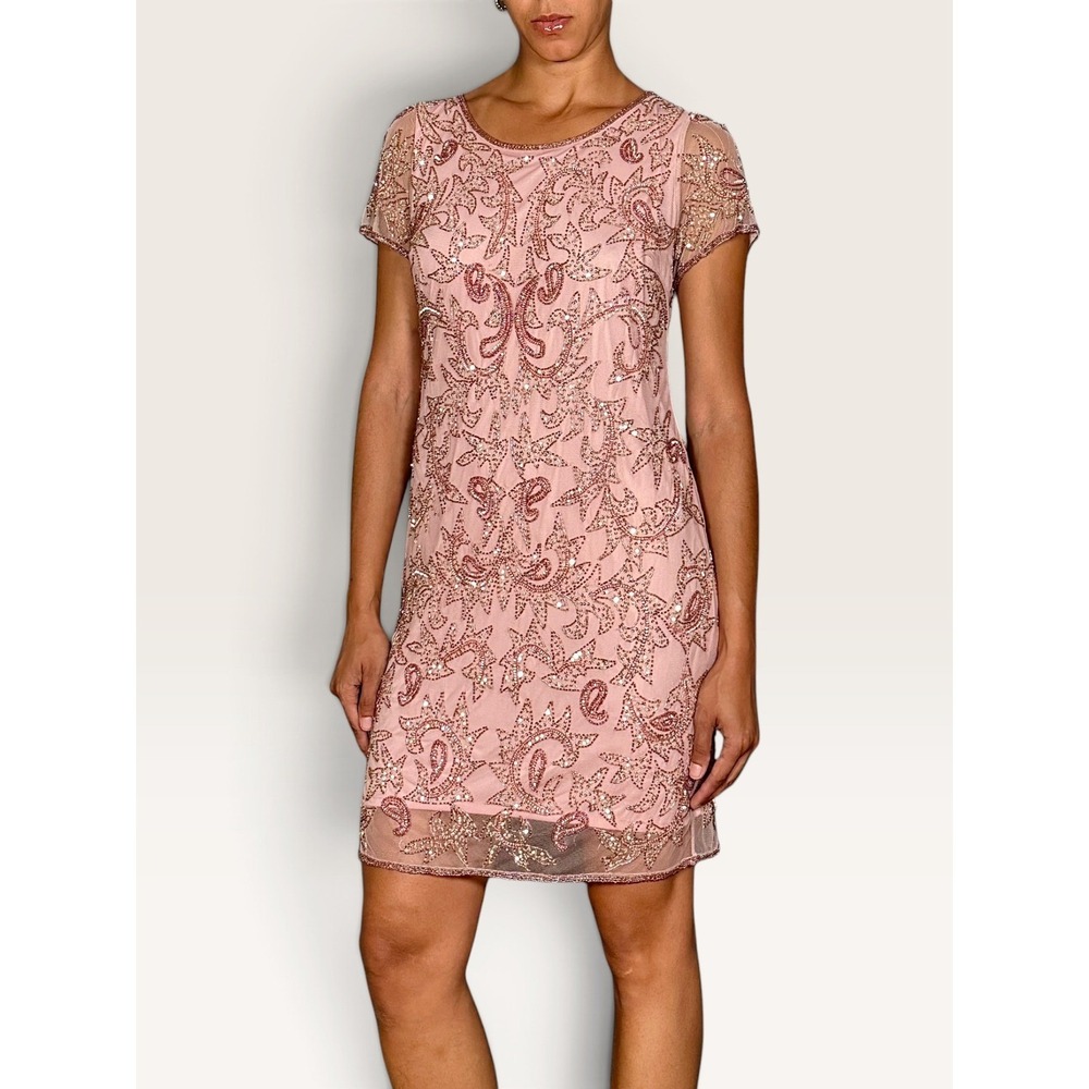 Pisarro Nights Sequin Beaded Mini Cocktail Dress Size 6 Blush Pink Coquette